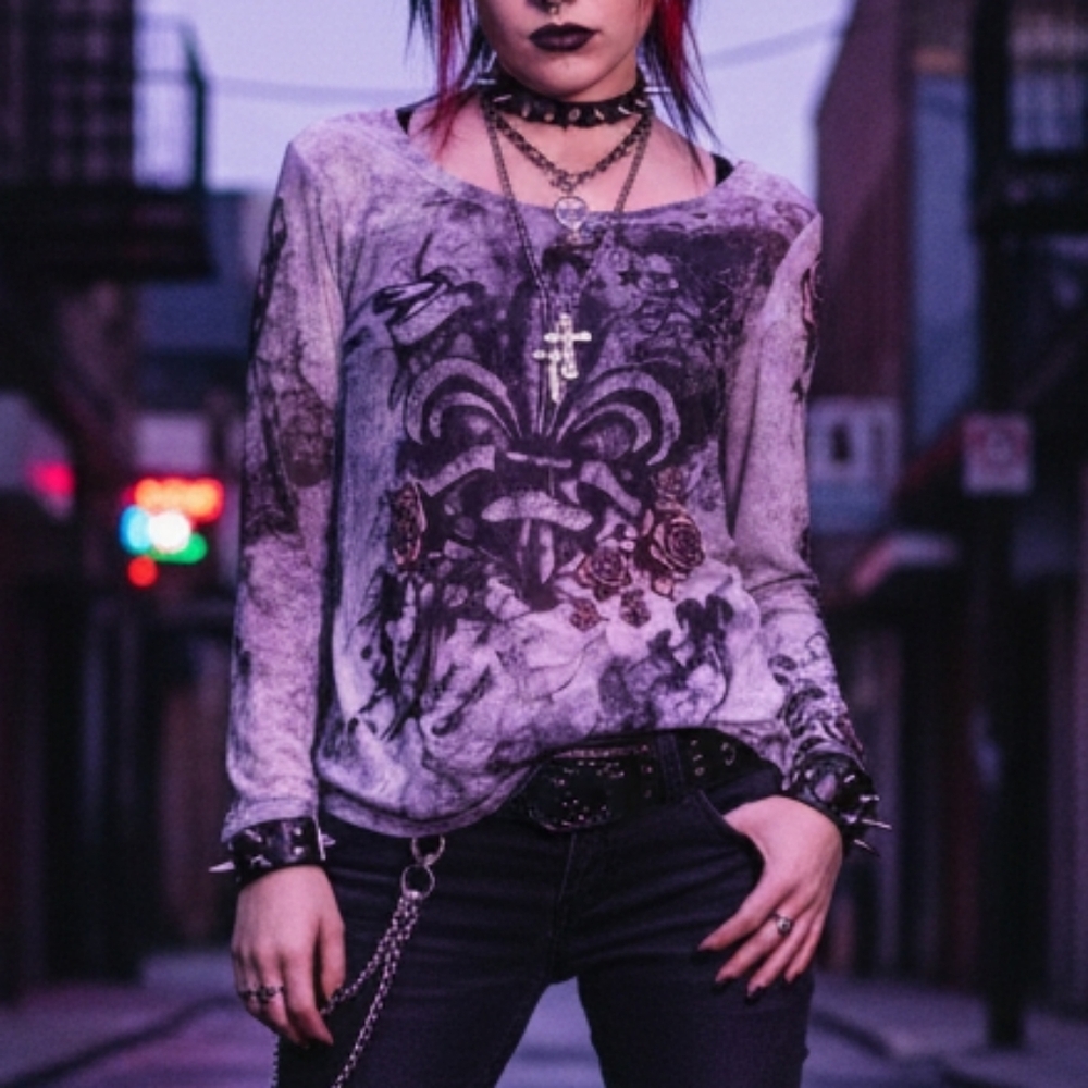 Rock & Republic L Y2K Goth Grunge Steampunk Fleur-de-Lis motif Mesh Top